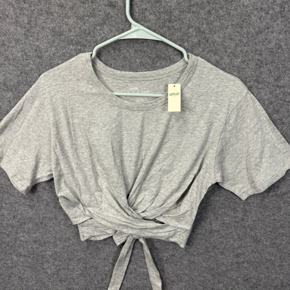 Aerie Womens Heather Gray Cotton Wrap Front Tie Hem Crop Top Tee XS NWT - Picture 5 of 10